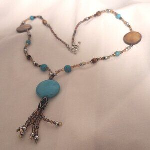 Artisan Beaded Bohemian Turquoise Shell Crystal Tassel Necklace
